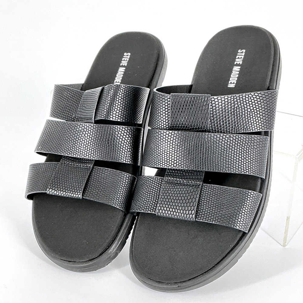 Steve‎ Madden Mens Size 9 Shoal Black Textured Triple Strap Slides Sandals
